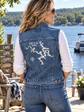 Lake of the Ozarks Upcycled Denim Vest Painted Sleeveless Jacket Junior Size M